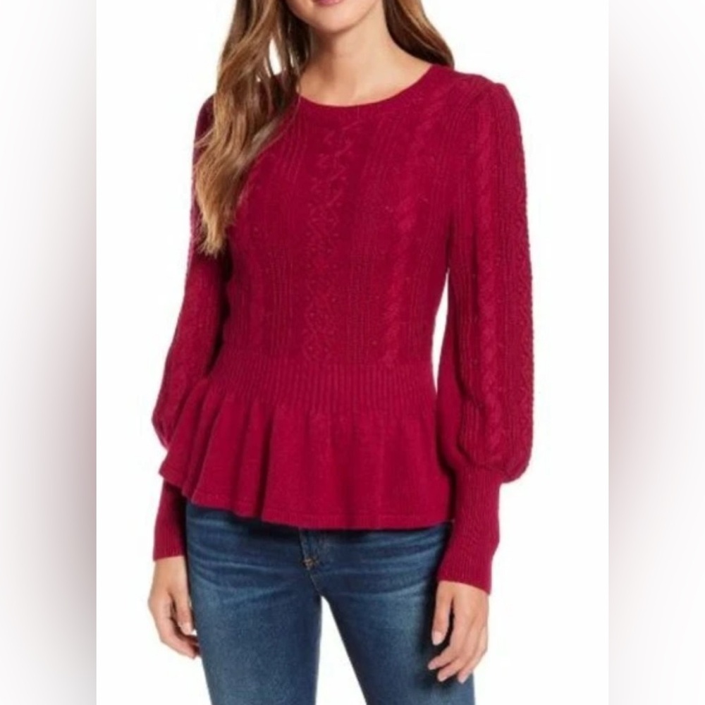 EUC Rachel Parcell cable knit peplum style long sleeve sweater in soft pink